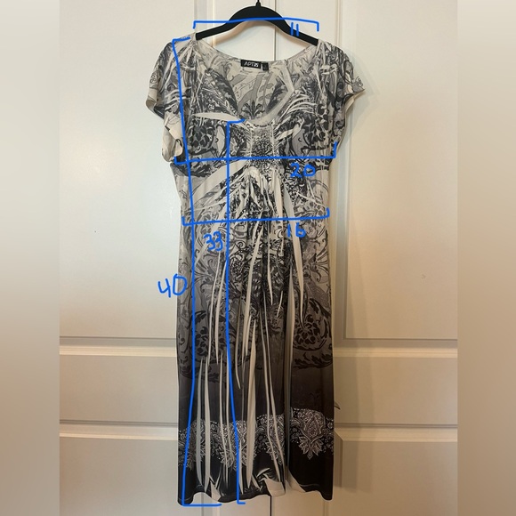 Vtg Y2K Boho Apt.9 Midi Stretch Dress Gray White Pattern Dye Print Scoop Neck MD - Picture 15 of 15
